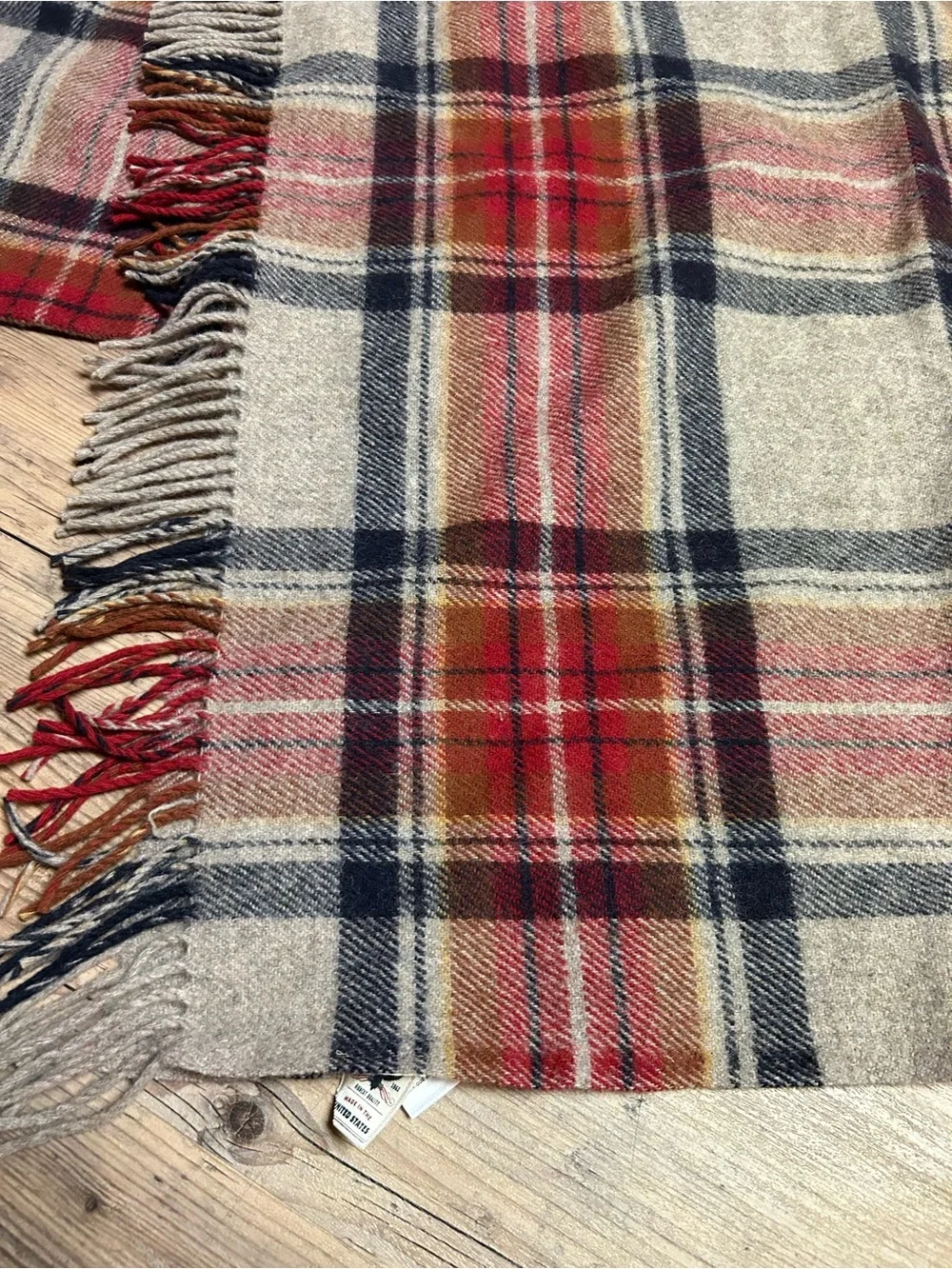 Pendleton Plaid 100% Wool Throw in Red, Navy & Cream with Fringe
